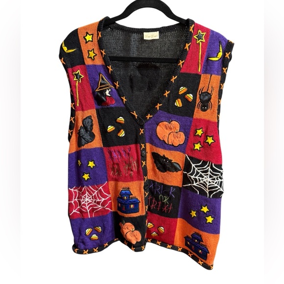 Vintage Bobbie Brooks Halloween Pumpkin Patchwork Sweater Knit Vest Embroidered - Picture 1 of 6
